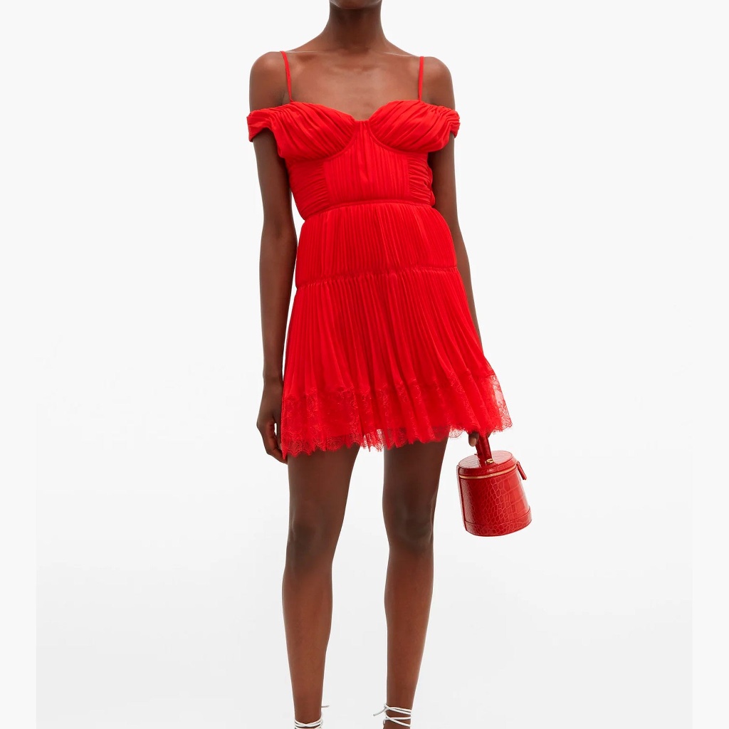 Self-Portrait Off-The-Shoulder Pleated Chiffon Mini Dress Sz 4